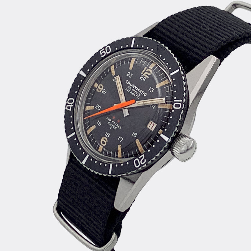 CAUNY | Caunymatic | Swiss Diver De Luxe | Date | Orange Second | Tritium Dial | Automatic | 1970s