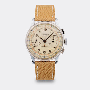 HERMÈS | Super Jumbo Chronograph | Finest Chrome & Steel | Telemeter & Tachymeter | Black Hands & Rose Gold Second | Silver Pearl Multicolor Dial | 1950s