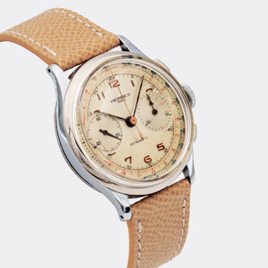 HERMÈS | Super Jumbo Chronograph | Finest Chrome & Steel | Telemeter & Tachymeter | Black Hands & Rose Gold Second | Silver Pearl Multicolor Dial | 1950s